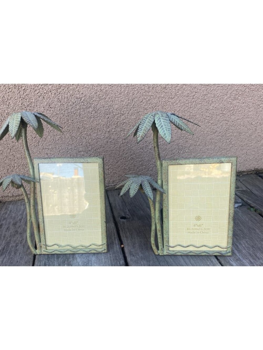 2 Matching Vtg Verdigris Palm Trees 4 “ x 6" Picture Frames Tiki Tropical